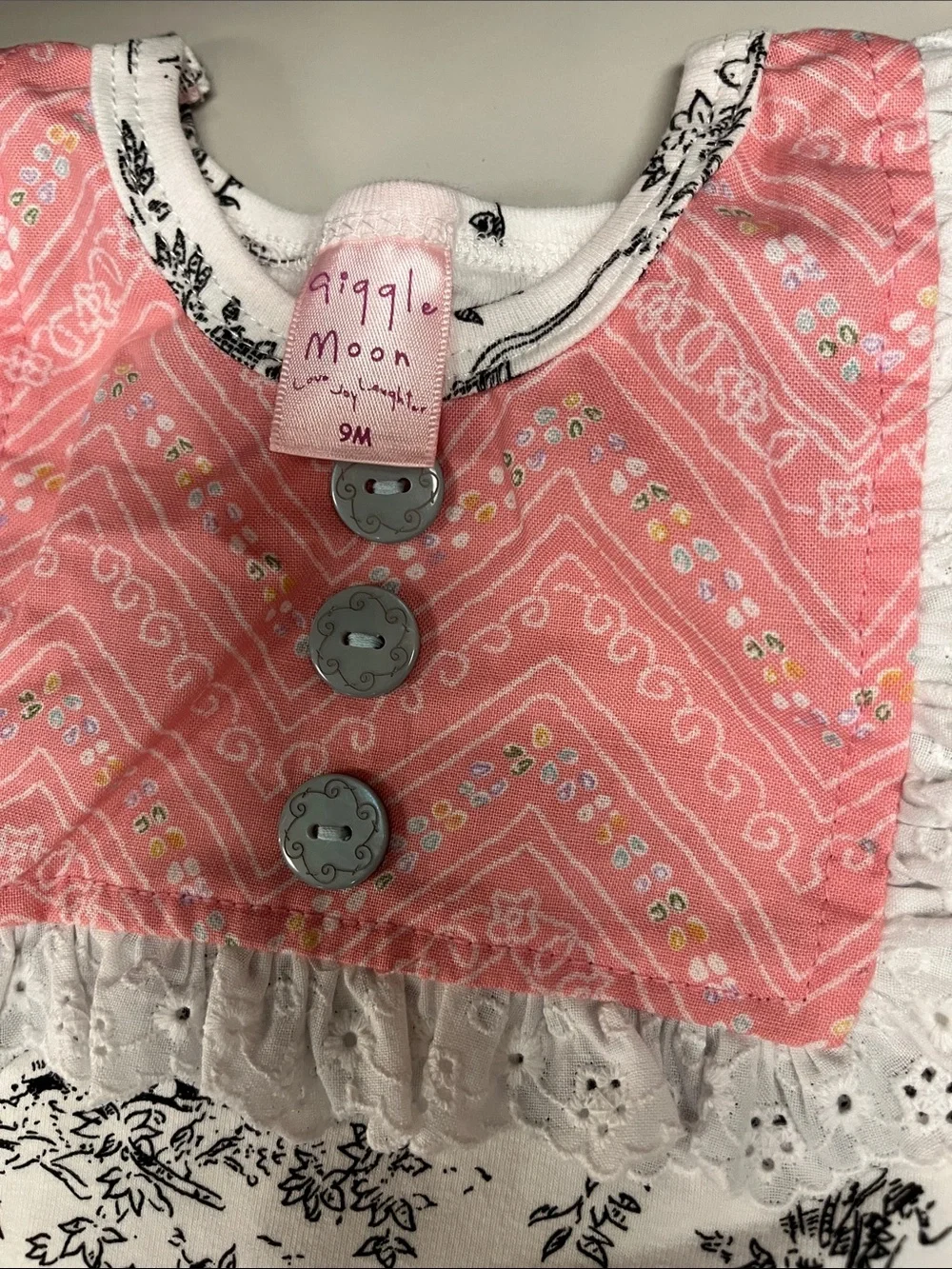 Giggle Moon White Black Toile Romper with Pink Yoke